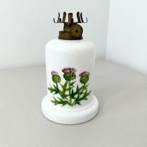 VTG Made In Denmark Small Oil Lamp Hand Painted Milk Glass Floral